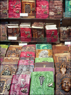 Leather bound notebooks in the market at Covent Garden