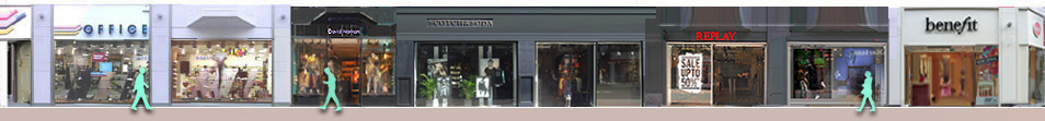 Shops on Carnaby Street: Office shoes. David Naman menswear, Scotch and Soda fashions, Replay jeans, Benefit cosmetics