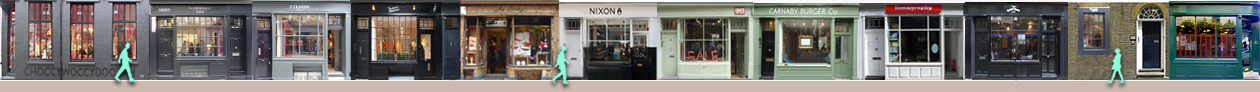 Newburgh Street shops: Filson bags, Joy Everley jewellery, Nixon watches, Levi's Vintage Clothing, Lomography camera shop. 