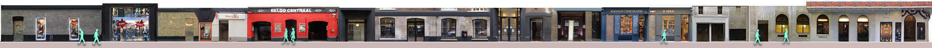 Earlham Street shops and restaurants: Bow Wow, Belgo, Rococo chocolates, B1866 Brooks saddles, Cambridge Theatre