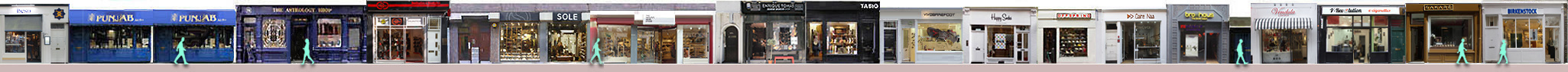 Shops and restaurants on Neal Street: Astrology shop, Sole, Vivobarefoot, Offspring, Vendula, Birkenstock