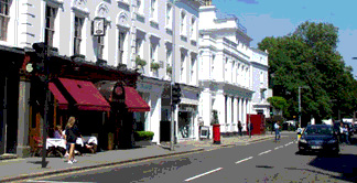 Shops and restaurants on Fulham Road in London's Chelsea