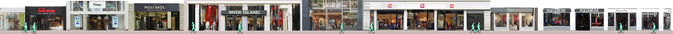 Oxford Street shops: River Island, Stradivarius, Pull and Bear, Massimo Dutti