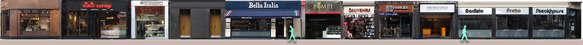 Shaftesbury Avenue restaurants and shops: Babaji, Yoshimo, Piccadilly Hotel, Rodizio Preto