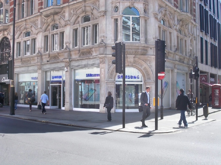 Samsung shop on Oxford Street in London, at corner of Wardour Street