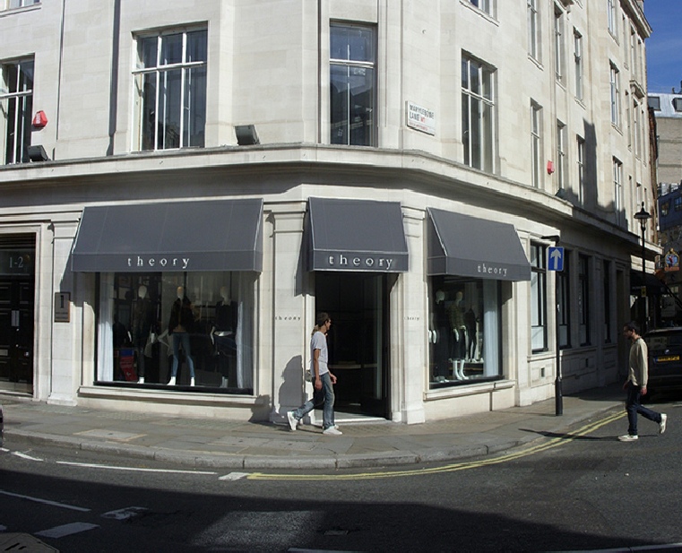 Theory clothing shop on Marylebone High Street in London, at corner of Marylebone Lane