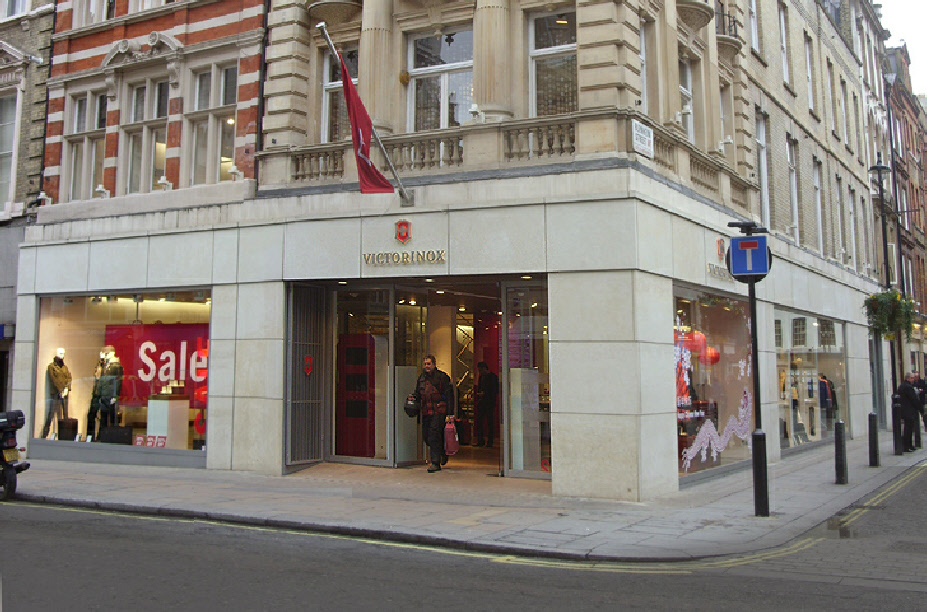 Victorinox travel clothing and accessories shop on New Bond Street in London's Mayfair