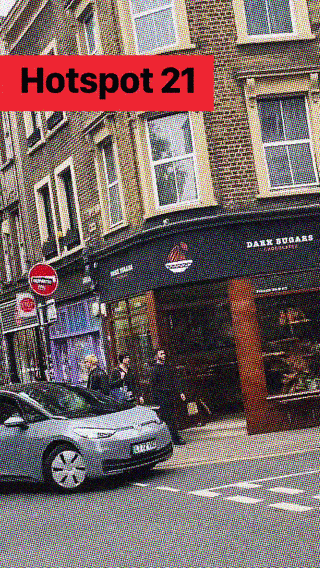 London hotspot with Truman brewery chimney and chocolate shop