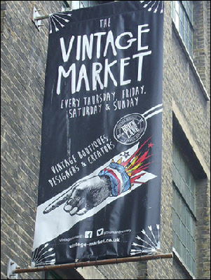 Vintage market banner on Brick Lane in East London