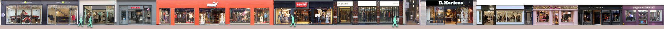 Carnaby Street shops: Pretty Green menswear, Casio watches, Puma sportswear, Levi's,  Ben Sherman, Scalpers menswear
