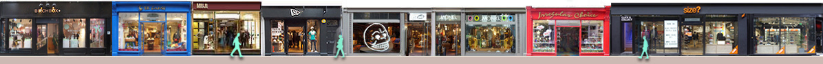 Shops on Carnaby Street: Birchbox, New Era caps, Cheap Monday, Monki fashions, Irregular Choice shoes
