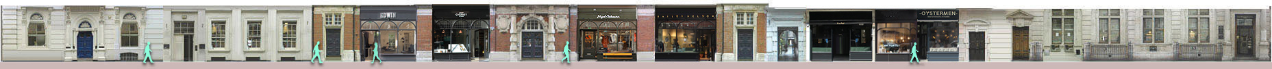 Henrietta Street shops: Edwin jeans, Cheaney shoes, Nigel Cabourn menswear, Oystermen