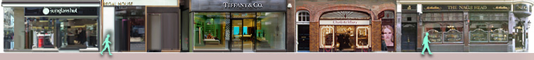 James Street shops: Tiffany and Co jewellery, Charlotte Tilbury make-up, Nags Head pub