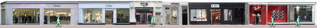 Shops on Long Acre: Zara clothing, TCG London, Original Penguin, Sunglass Hut