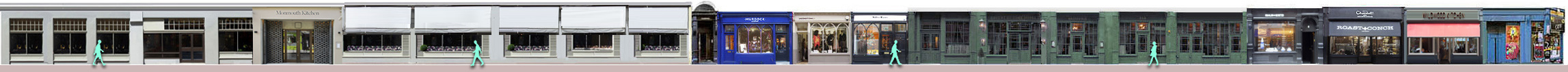 Monmouth Street shops and restaurants: Monmouth Kitchen, Unconditional + clothing, Miller Harris, Brasserie Max, Wildwood