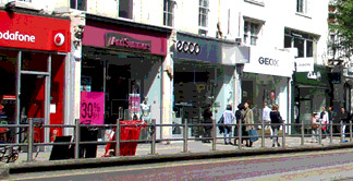 Shops opposite High Street Kensington Station in London