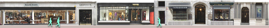 Shops on Conduit Street: Russell and Bromley shoes, Moschino, Tateossian jewellery, Sotheby's auctioneers