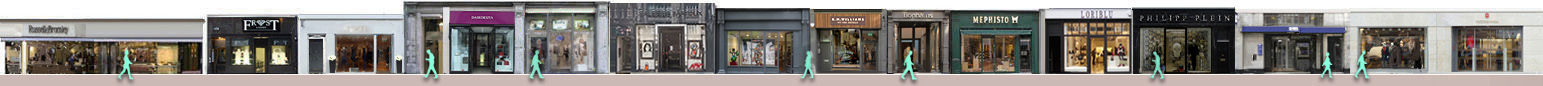 Shops and art galleries on New Bond Street: Frost, Galeries Bartoux, Bonhams, Mephisto shoes, Loriblu, Victorinox
