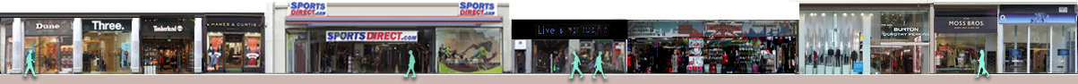 Oxford Street shops: Sportsdirect, Dorothy Perkins, Phone shops