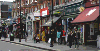 Shops and restaurants on Queensway in London