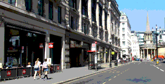 Shops and cafes on London's Regent Street, to the North of Oxford Circus