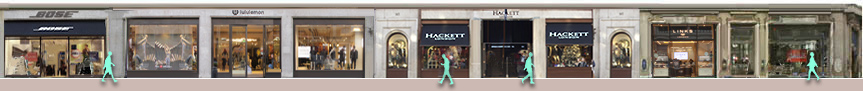 Shops on Regent Street: Bose, Lululemon gymwear, Hackett menswear, Links of London jewellery, Church's shoes