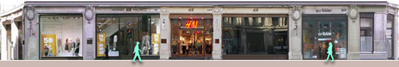 Shops on Regent Street at Oxford Circus; H+M clothing, Scribbler greetings cards