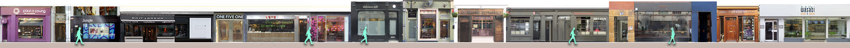 Shops and restaurants on Wardour Street: Paul Young chocolates, St Moritz Swiss restaurant, Pho Vietnamese, Tamarind Kitchen