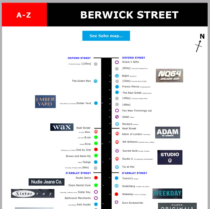 Mp of shops and restaurants on Berwick Street London Soho