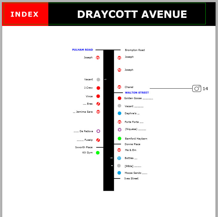 Map of shops and restaurants on Draycott Avenue at Brompton Cross