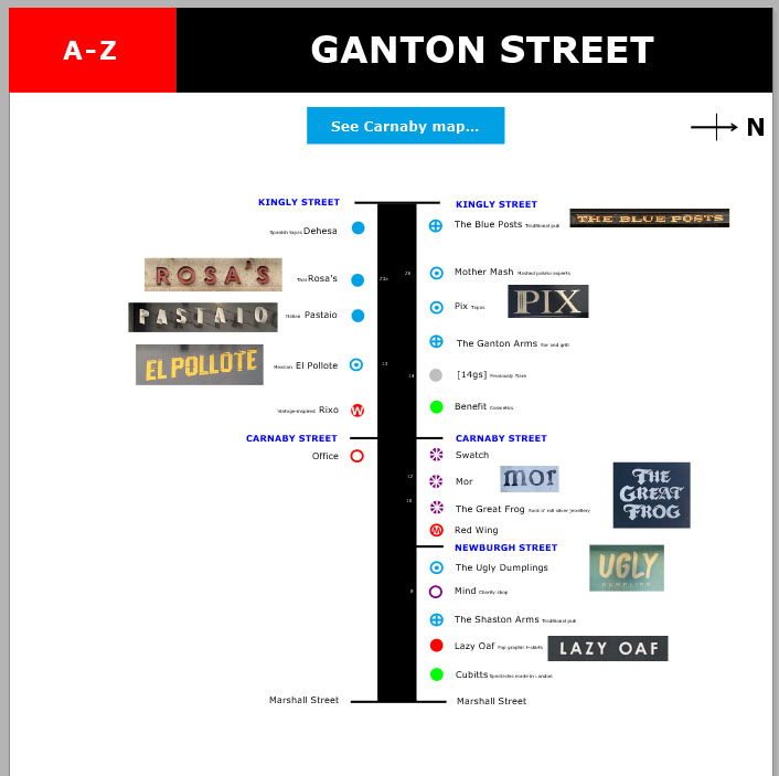 All the shops and restaurants on Ganton Street in London