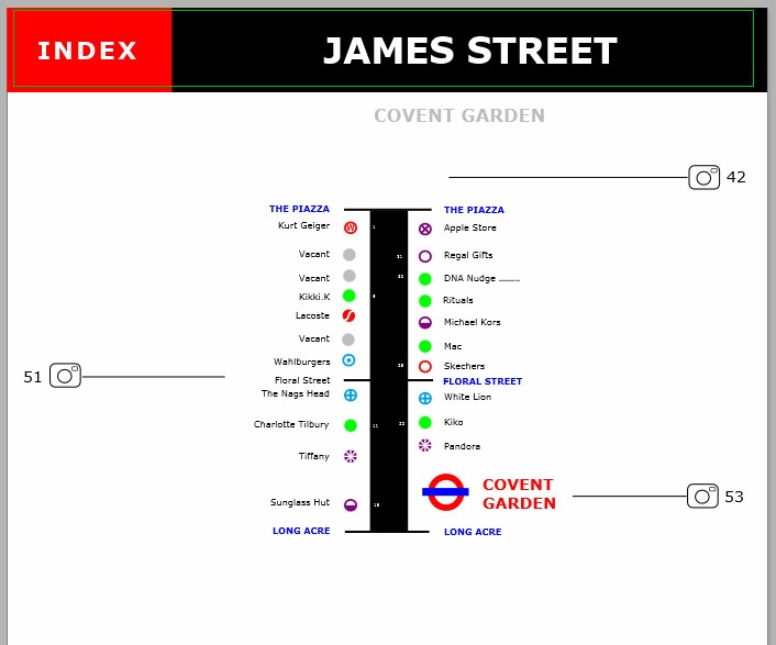 Map of shops and restaurants on James Street in Covent Garden
