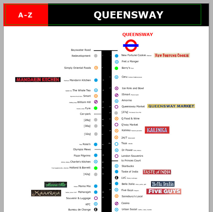 Map of shops and restaurants on London's Queensway