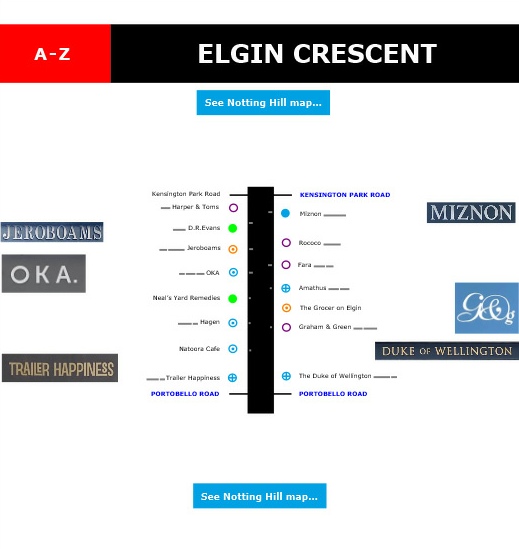Map of shops and restaurants on Elgin Crescent in London