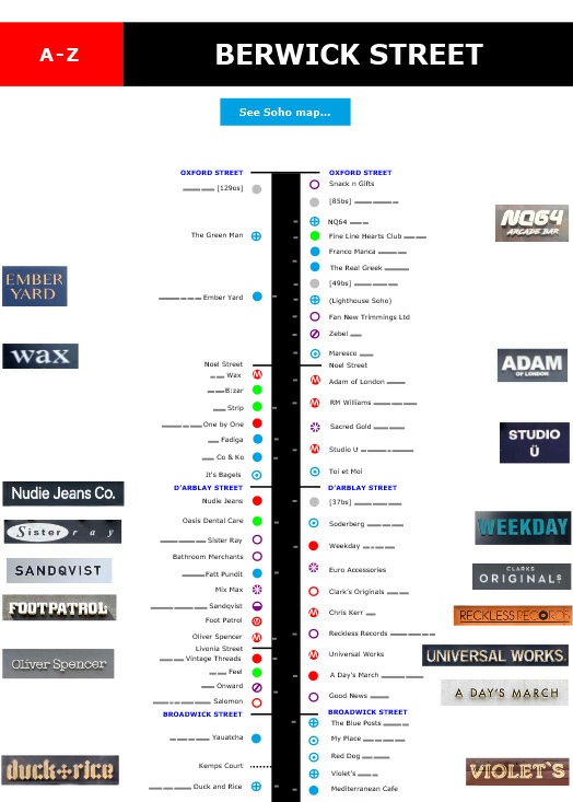Mp of shops and restaurants on Berwick Street London Soho