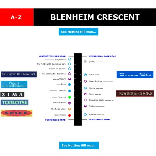 Map of shops and restaurants on Blenheim Crescent in Notting Hill