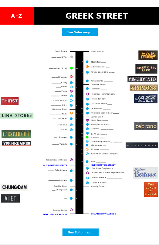 Map of shops and restaurants on London's Greek Street