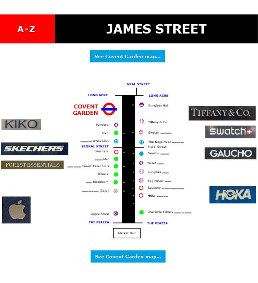 Map of shops and restaurants on James Street in London's Covent Garden