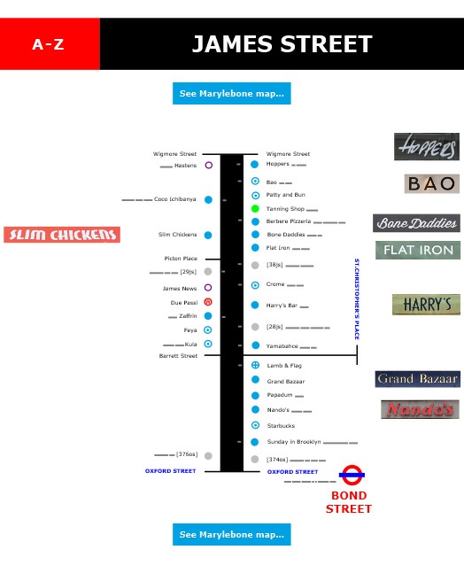 Map of cafes and restaurants on James Street in London's Marylebone