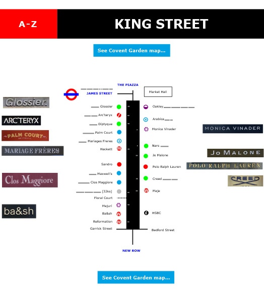 Map of shops and restaurants on King Street in London's Covent Garden