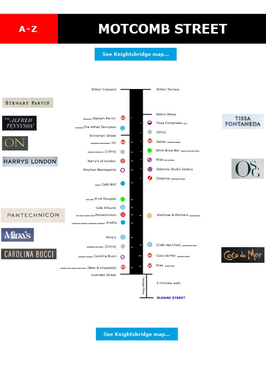 Sample map of Motcomb Street in London with all shops and restaurants