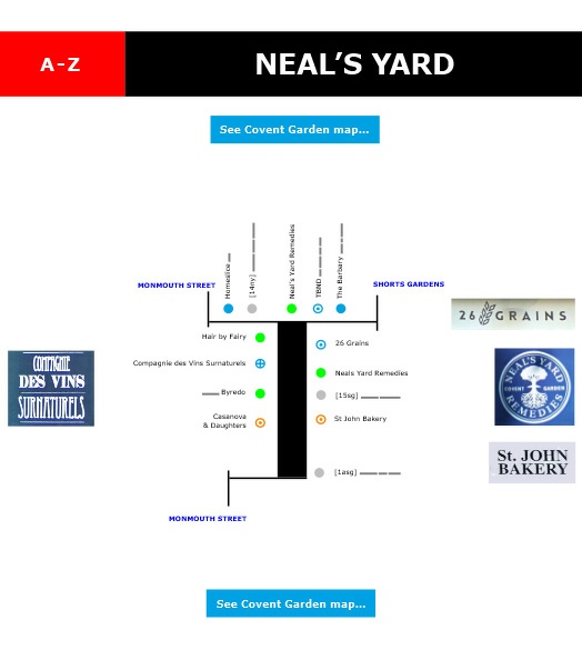 Map of shops and restaurants in Neal's Yard in London's Covent Garden