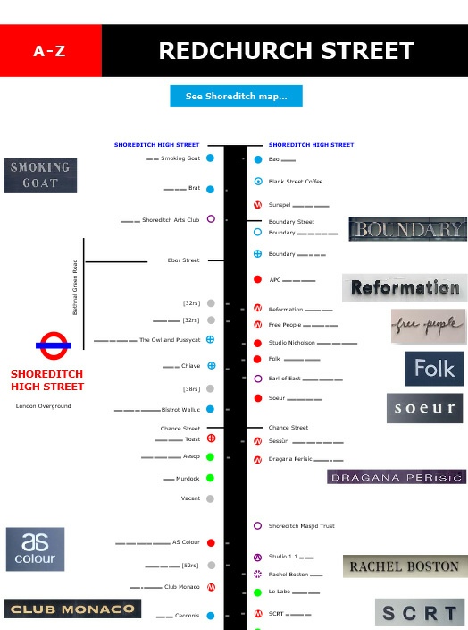 Map of shops and restaurants on Redchurch Street in London