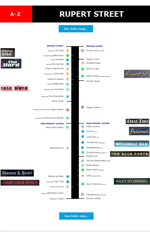 Map of shops and restaurants on Rupert Street in London's Soho