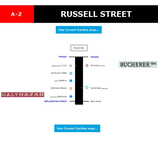 Map of shops and restaurants on Russell Street in London