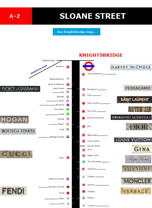 Map of shops and restaurants on Sloane Street in London