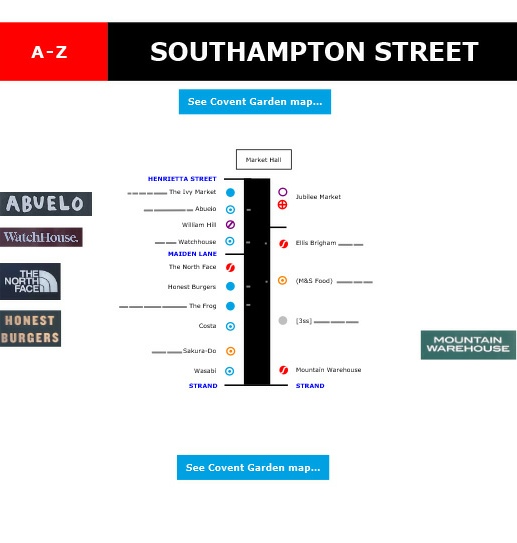 Map of shops and restaurants on Southampton Street in London