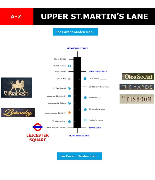 Map of shops and restaurants on Upper Saint Martin's Lane in London