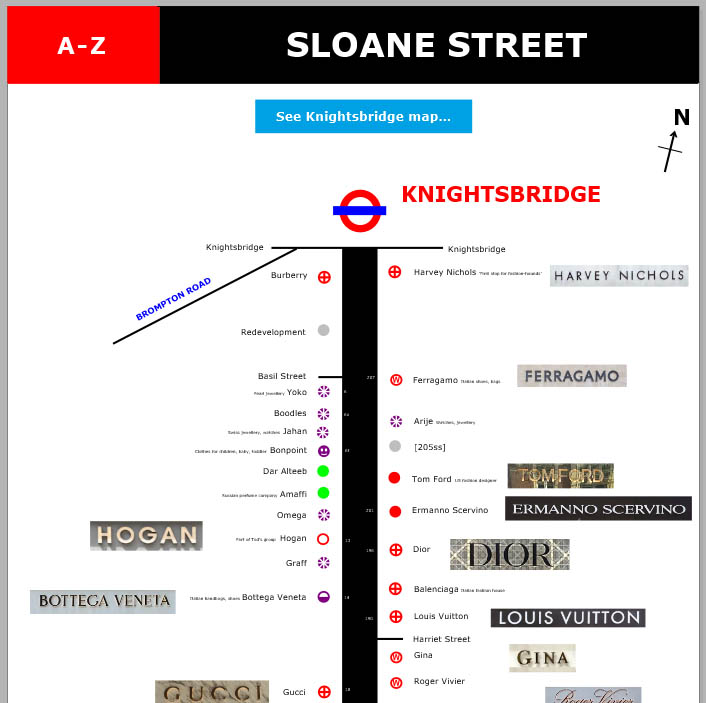 Map of shops and restaurants on Sloane Street in London