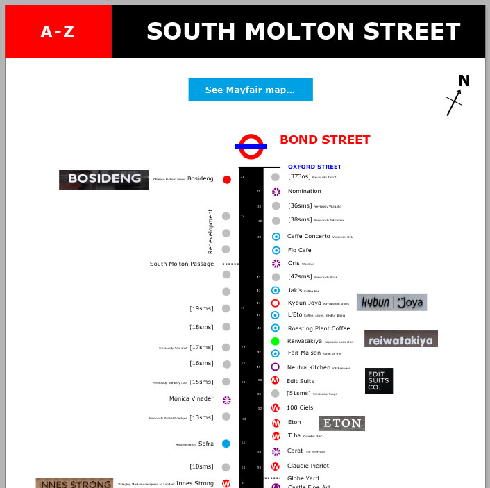 Map of shops and cafes on South Molton Street